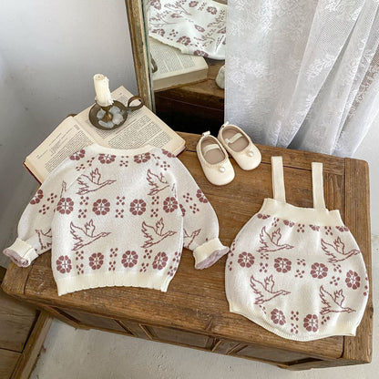 ロンパースセットアップ フラワーバードニット長袖カーディガン/サスペンダーニットロンパース【mh0010517】