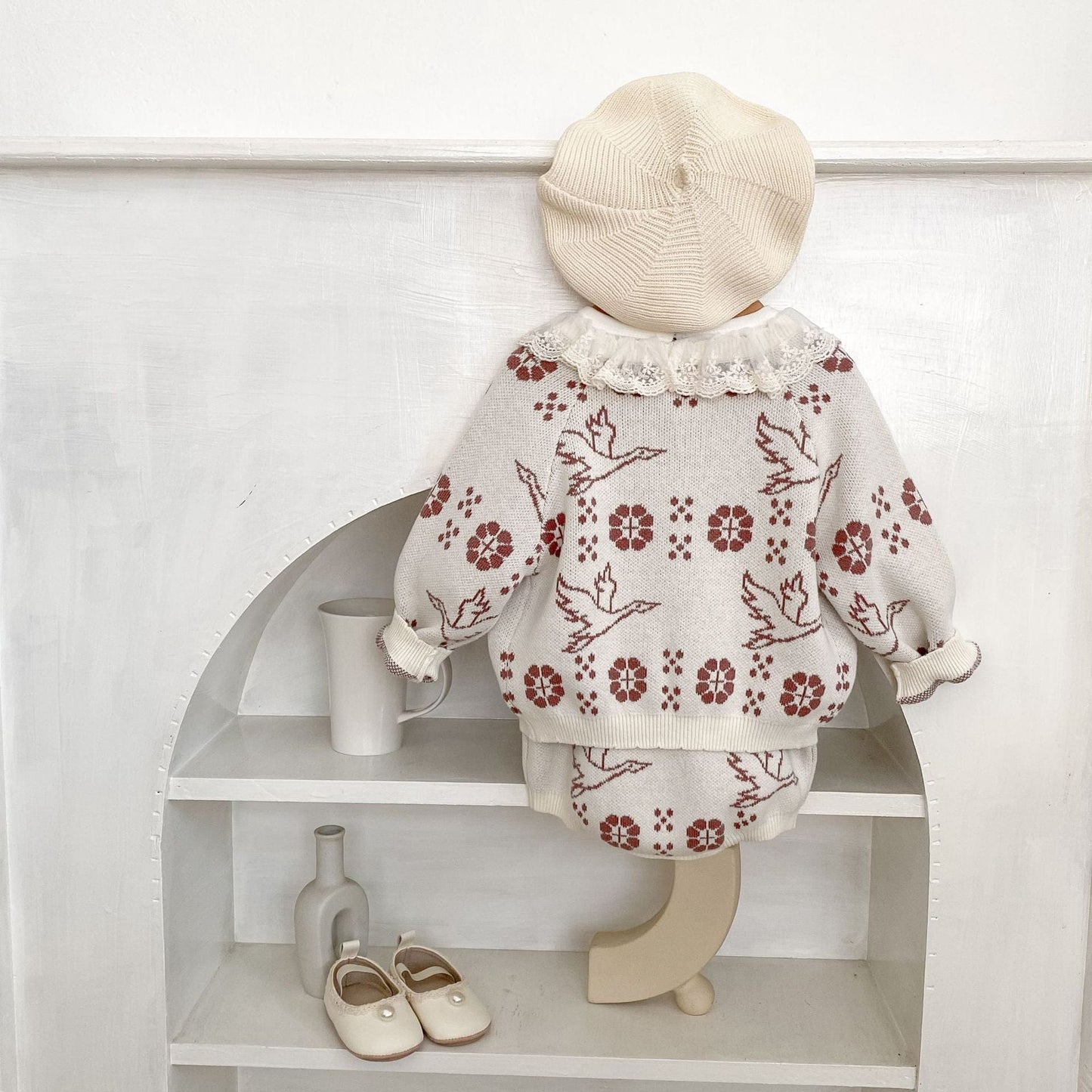 ロンパースセットアップ フラワーバードニット長袖カーディガン/サスペンダーニットロンパース【mh0010517】