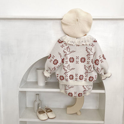 ロンパースセットアップ フラワーバードニット長袖カーディガン/サスペンダーニットロンパース【mh0010517】