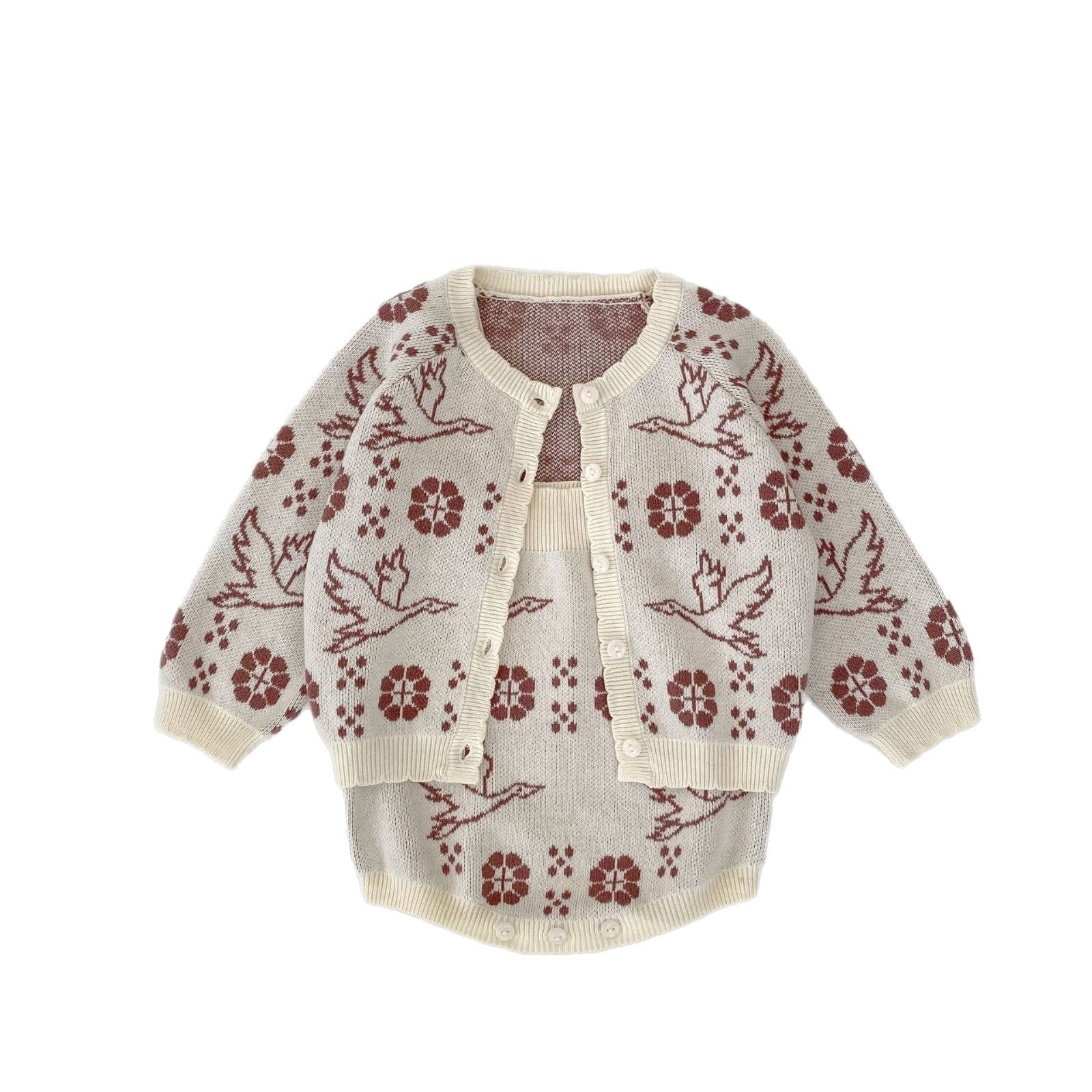 ロンパースセットアップ フラワーバードニット長袖カーディガン/サスペンダーニットロンパース【mh0010517】