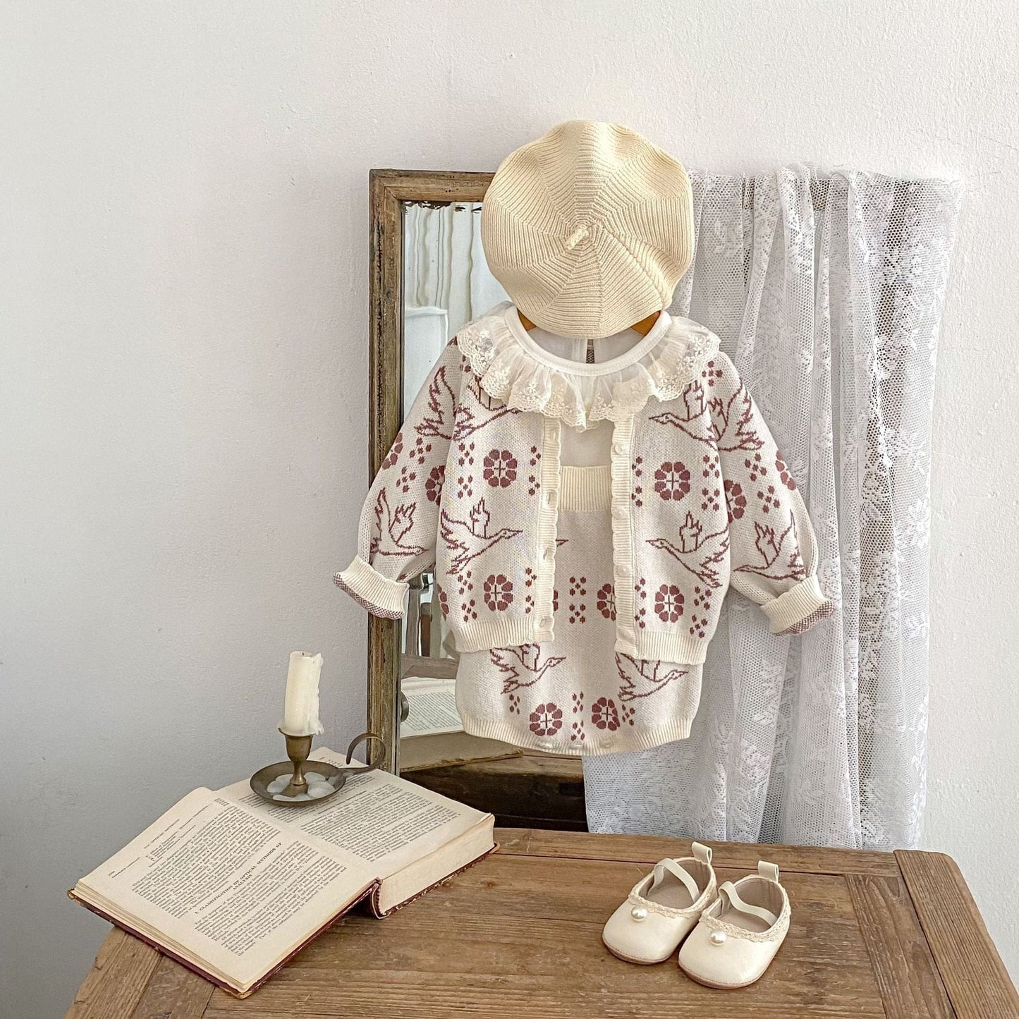 ロンパースセットアップ フラワーバードニット長袖カーディガン/サスペンダーニットロンパース【mh0010517】