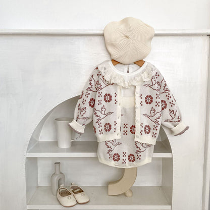 ロンパースセットアップ フラワーバードニット長袖カーディガン/サスペンダーニットロンパース【mh0010517】