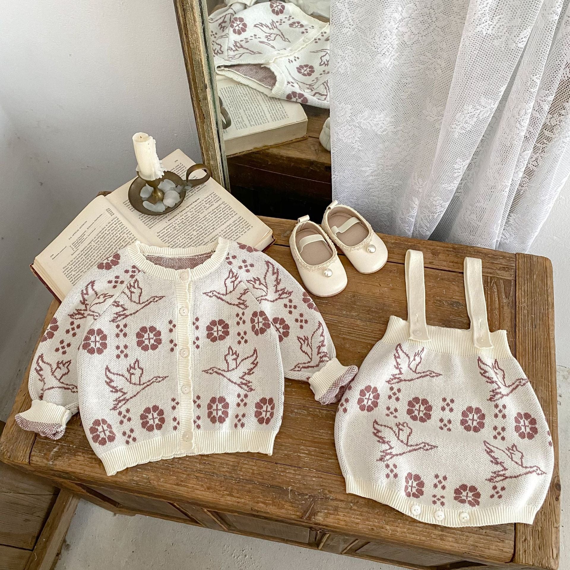 ロンパースセットアップ フラワーバードニット長袖カーディガン/サスペンダーニットロンパース【mh0010517】