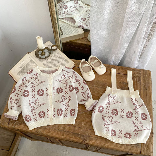 ロンパースセットアップ フラワーバードニット長袖カーディガン/サスペンダーニットロンパース【mh0010517】