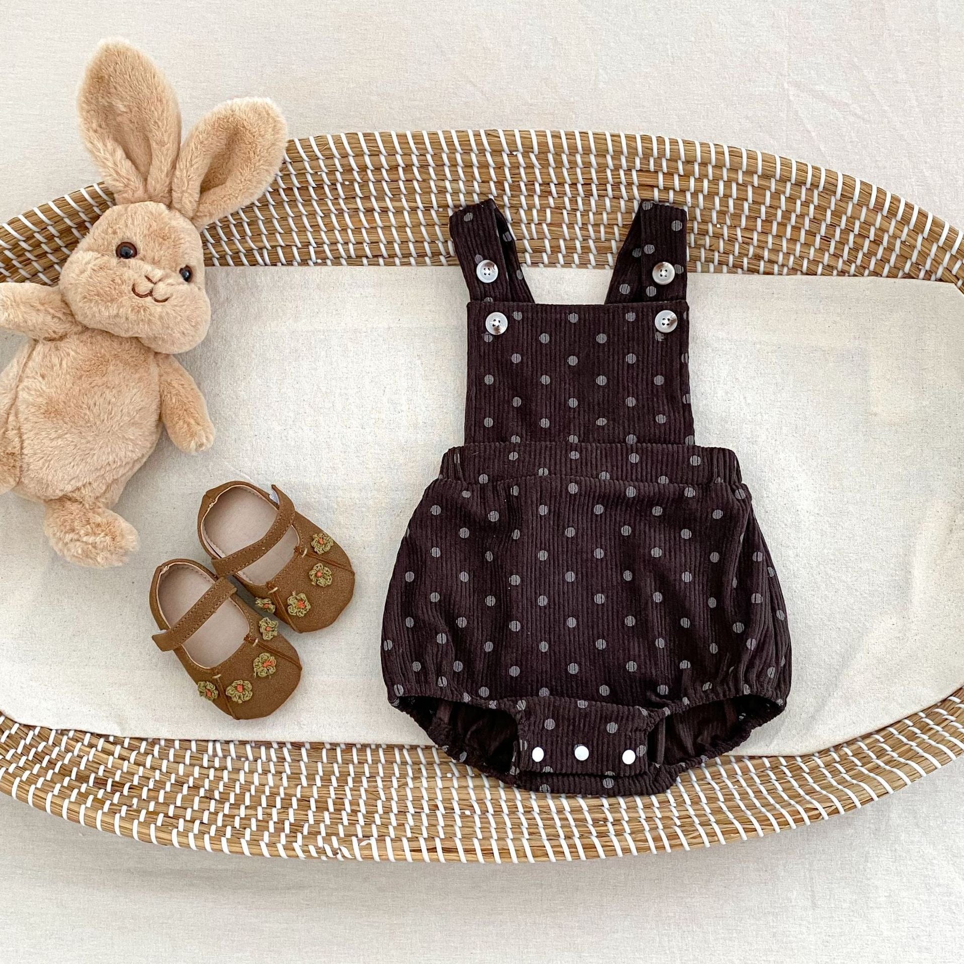 ノースリーブロンパース 水玉ドットプリントコーデュロイサスペンダーロンパース【mh0010522】