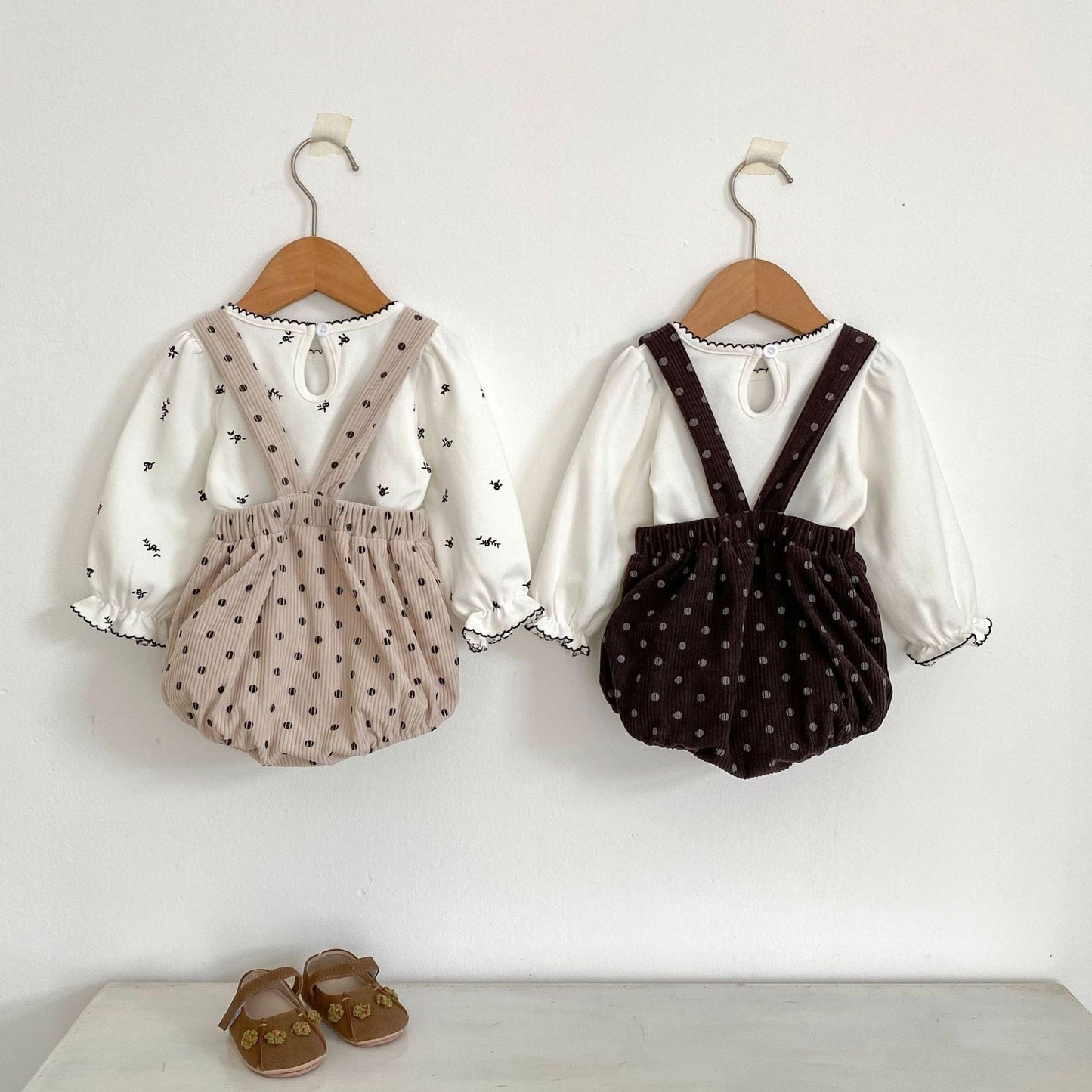 ノースリーブロンパース 水玉ドットプリントコーデュロイサスペンダーロンパース【mh0010522】