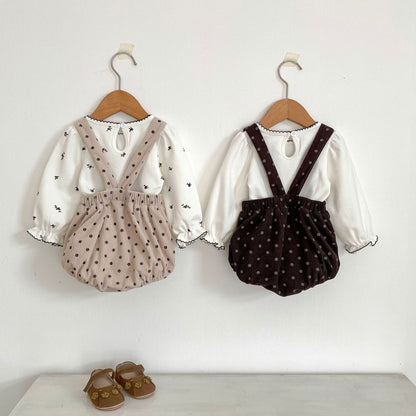ノースリーブロンパース 水玉ドットプリントコーデュロイサスペンダーロンパース【mh0010522】
