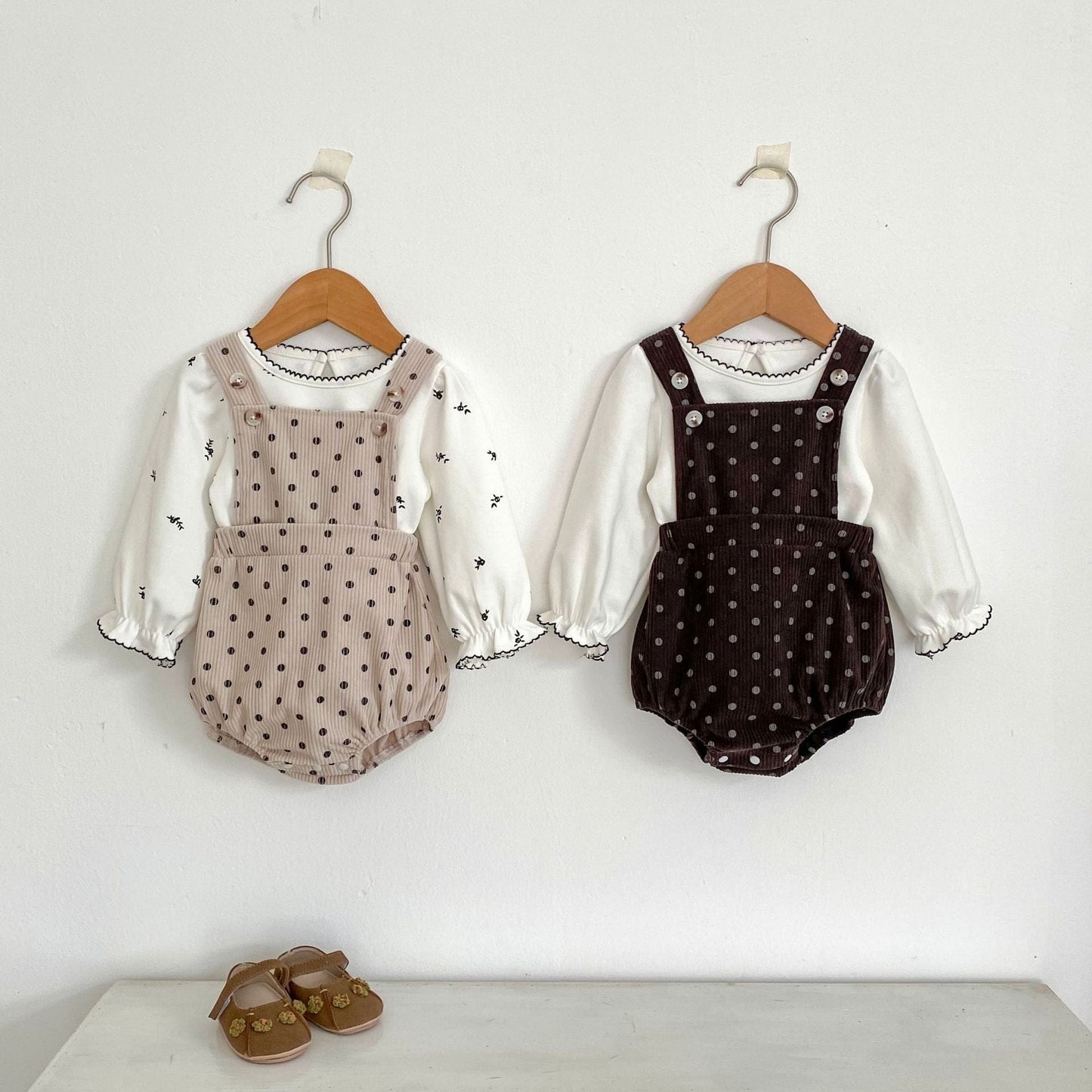 ノースリーブロンパース 水玉ドットプリントコーデュロイサスペンダーロンパース【mh0010522】