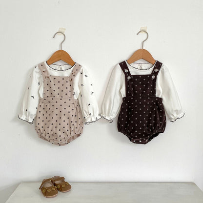 ノースリーブロンパース 水玉ドットプリントコーデュロイサスペンダーロンパース【mh0010522】