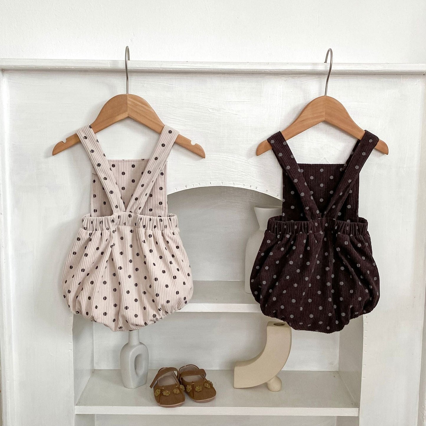 ノースリーブロンパース 水玉ドットプリントコーデュロイサスペンダーロンパース【mh0010522】