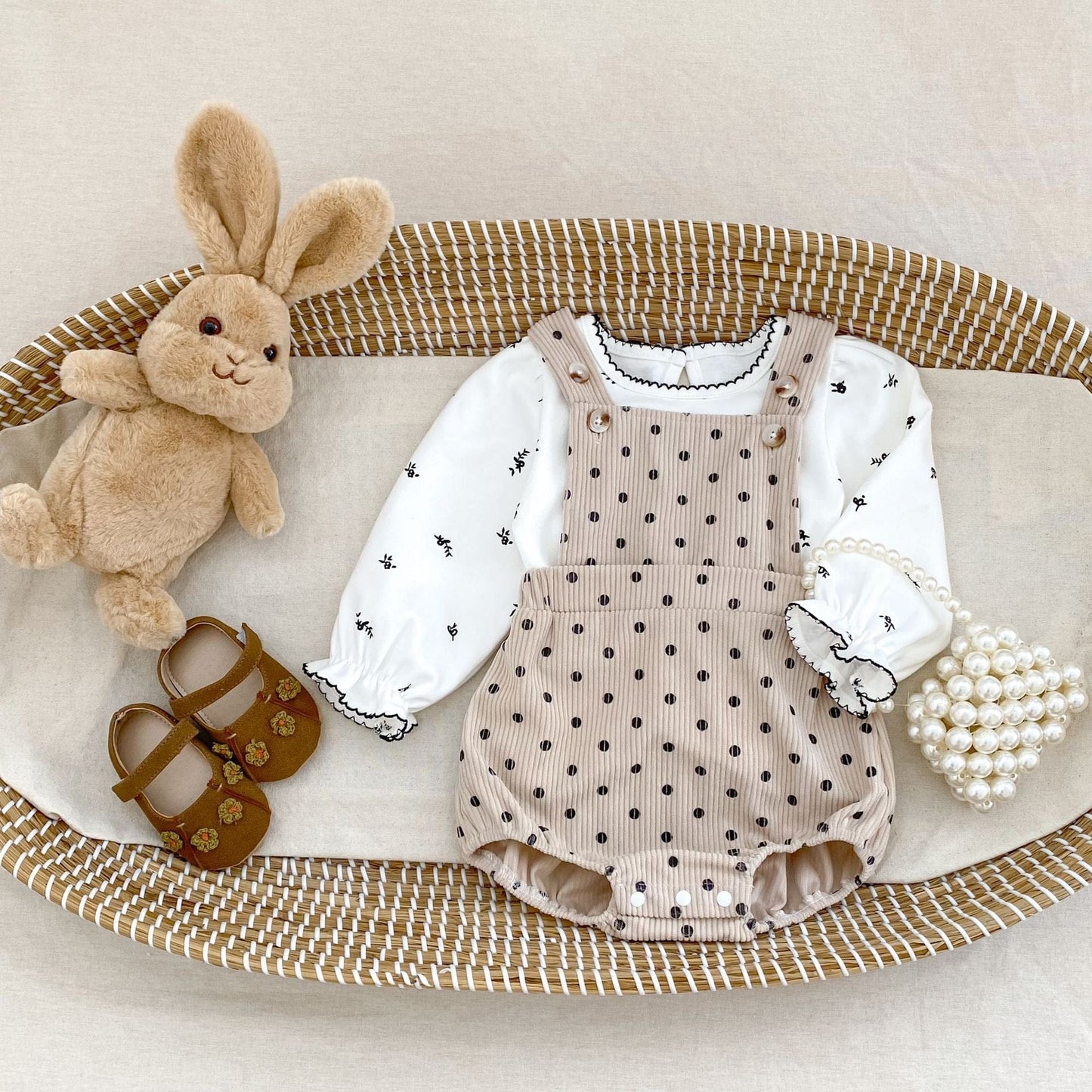 ノースリーブロンパース 水玉ドットプリントコーデュロイサスペンダーロンパース【mh0010522】