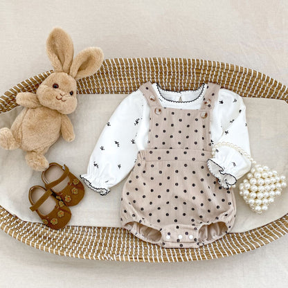 ノースリーブロンパース 水玉ドットプリントコーデュロイサスペンダーロンパース【mh0010522】