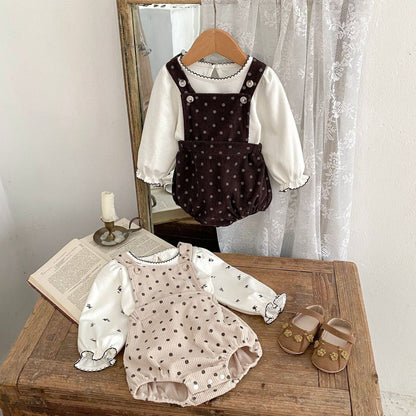 ノースリーブロンパース 水玉ドットプリントコーデュロイサスペンダーロンパース【mh0010522】