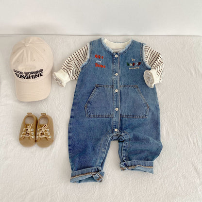 ノースリーブジャンプスーツ レターロゴ刺繍デニムノースリーブジャンプスーツ【mh0010523】