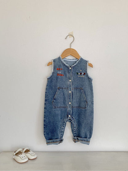 ノースリーブジャンプスーツ レターロゴ刺繍デニムノースリーブジャンプスーツ【mh0010523】