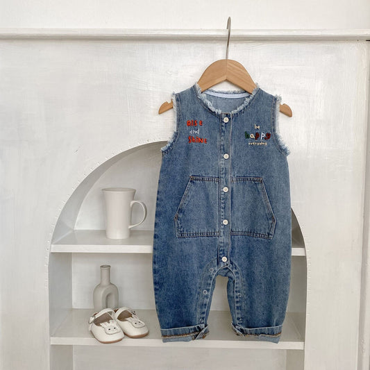 ノースリーブジャンプスーツ レターロゴ刺繍デニムノースリーブジャンプスーツ【mh0010523】