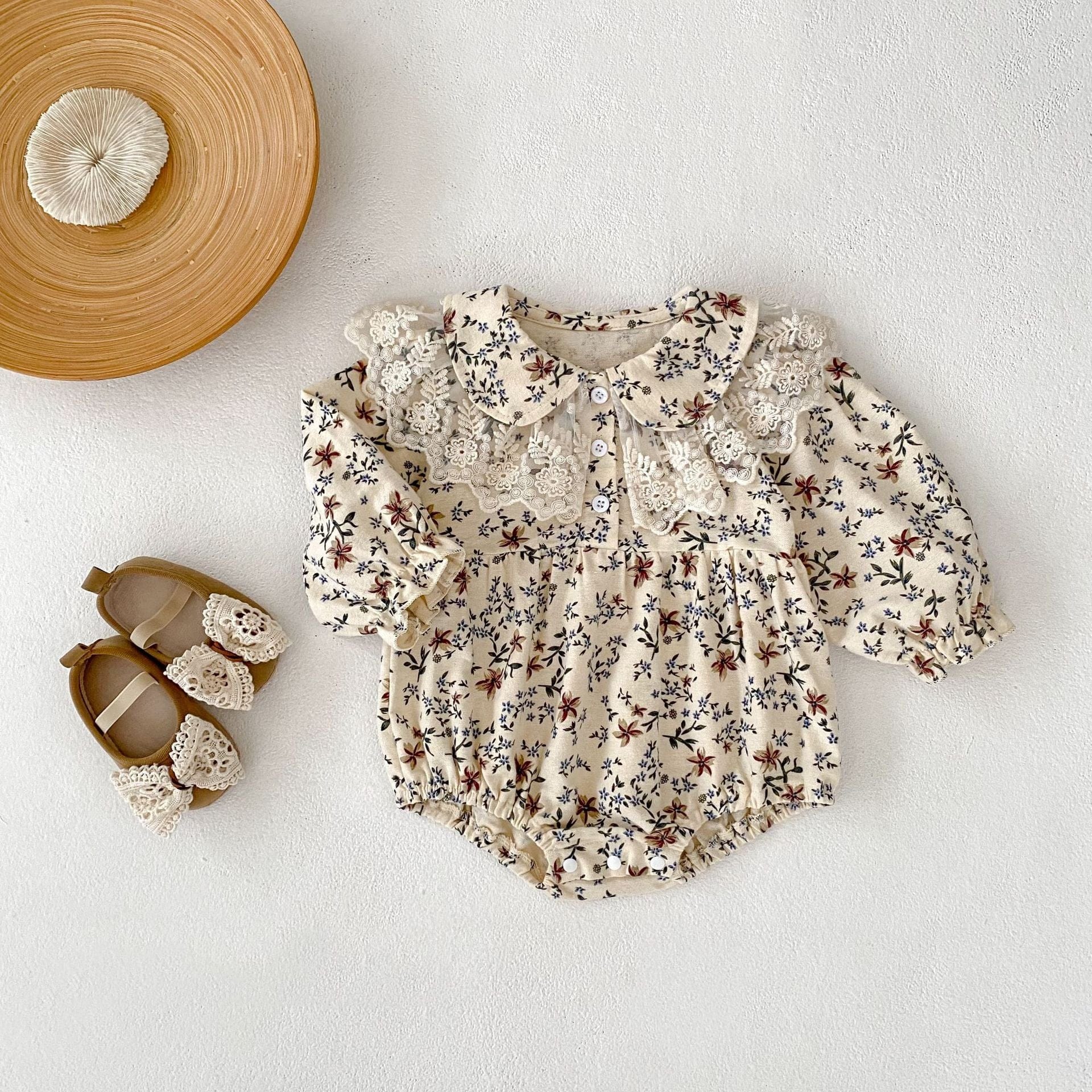 長袖ロンパース フラワープリントレース襟長袖ロンパース【mh0010527】