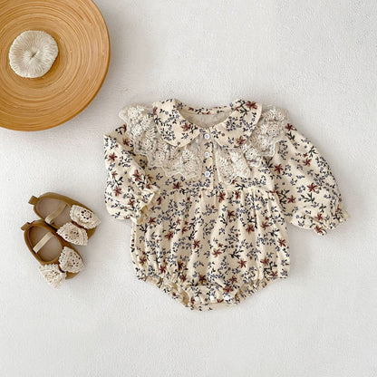 長袖ロンパース フラワープリントレース襟長袖ロンパース【mh0010527】