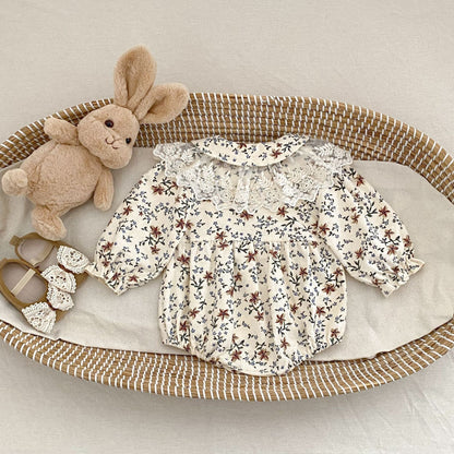 長袖ロンパース フラワープリントレース襟長袖ロンパース【mh0010527】