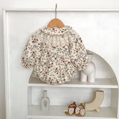 長袖ロンパース フラワープリントレース襟長袖ロンパース【mh0010527】