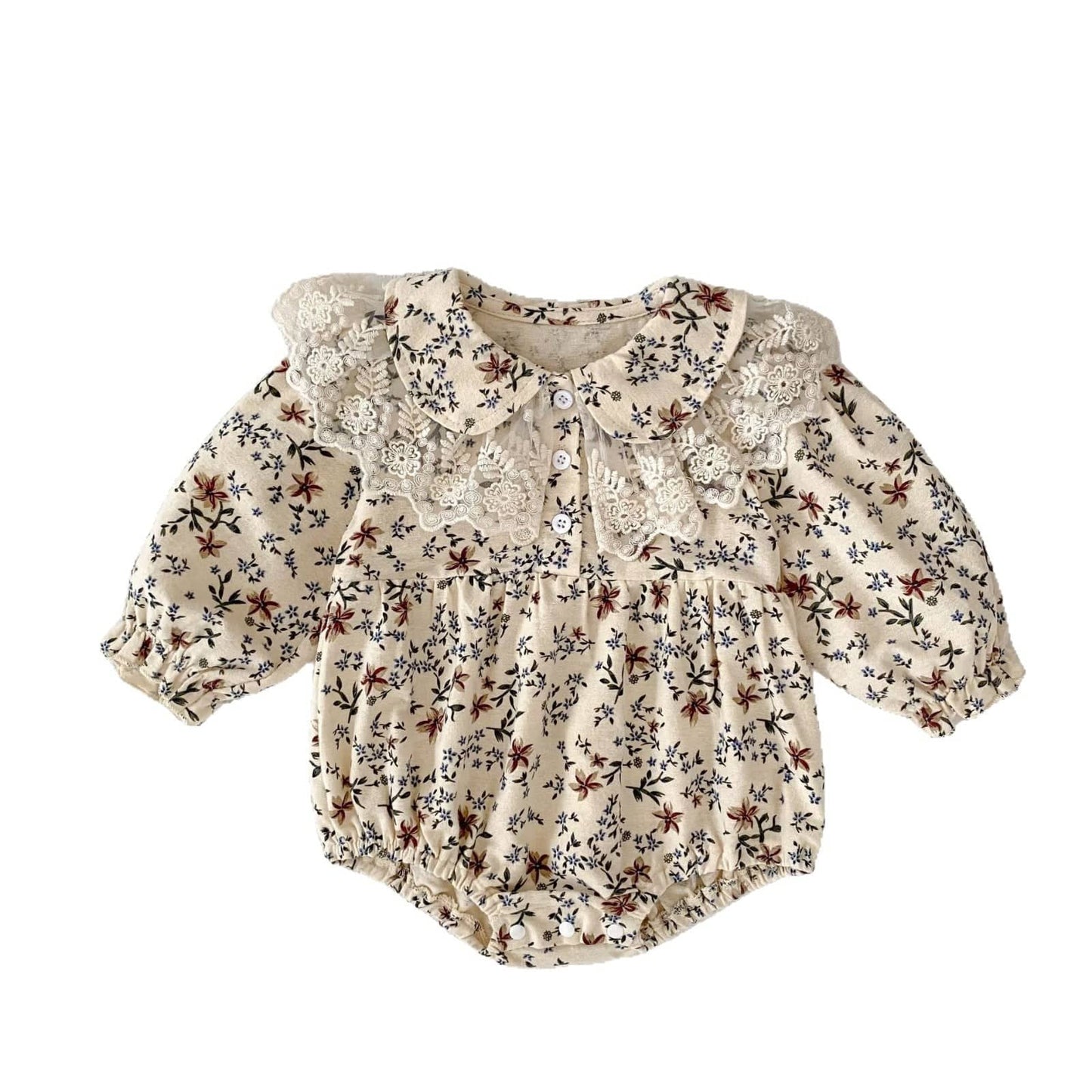 長袖ロンパース フラワープリントレース襟長袖ロンパース【mh0010527】