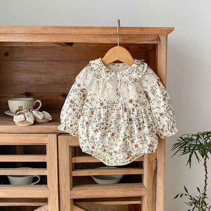 長袖ロンパース フラワープリントレース襟長袖ロンパース【mh0010527】