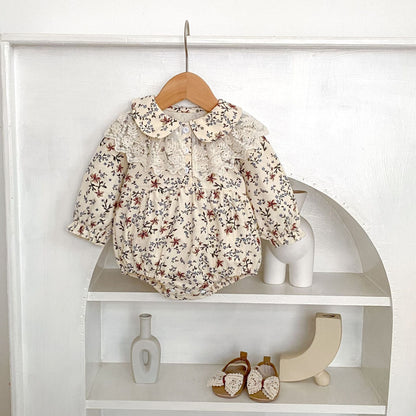 長袖ロンパース フラワープリントレース襟長袖ロンパース【mh0010527】