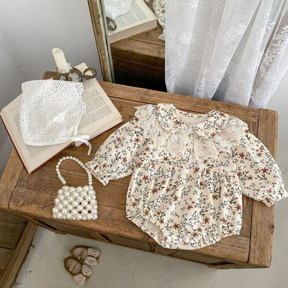 長袖ロンパース フラワープリントレース襟長袖ロンパース【mh0010527】