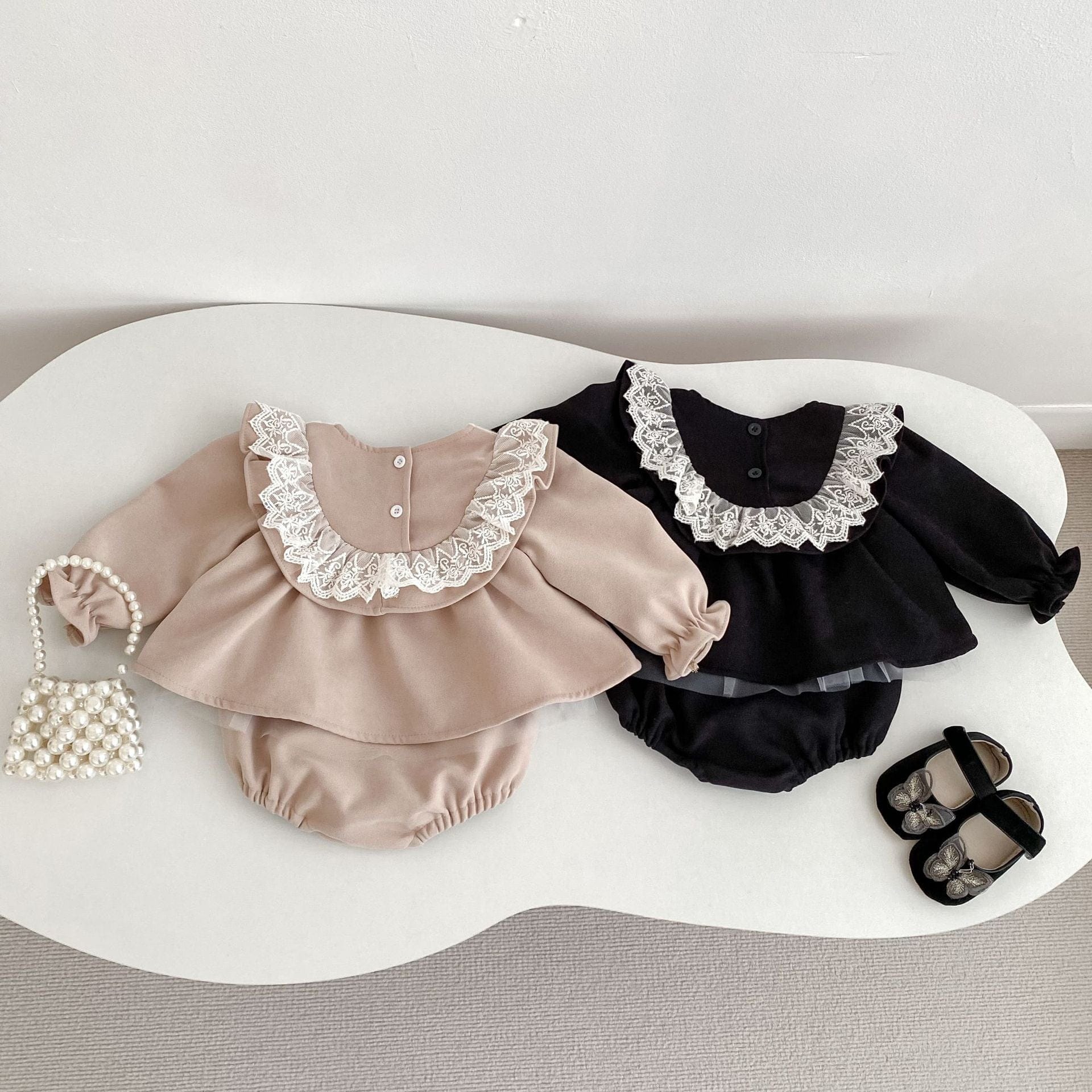 長袖ロンパース ビッグレース襟付き長袖スカートロンパース【mh0010838】