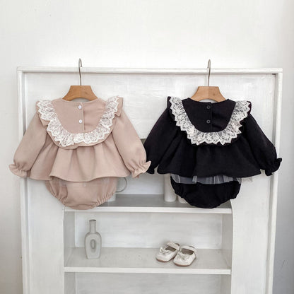 長袖ロンパース ビッグレース襟付き長袖スカートロンパース【mh0010838】