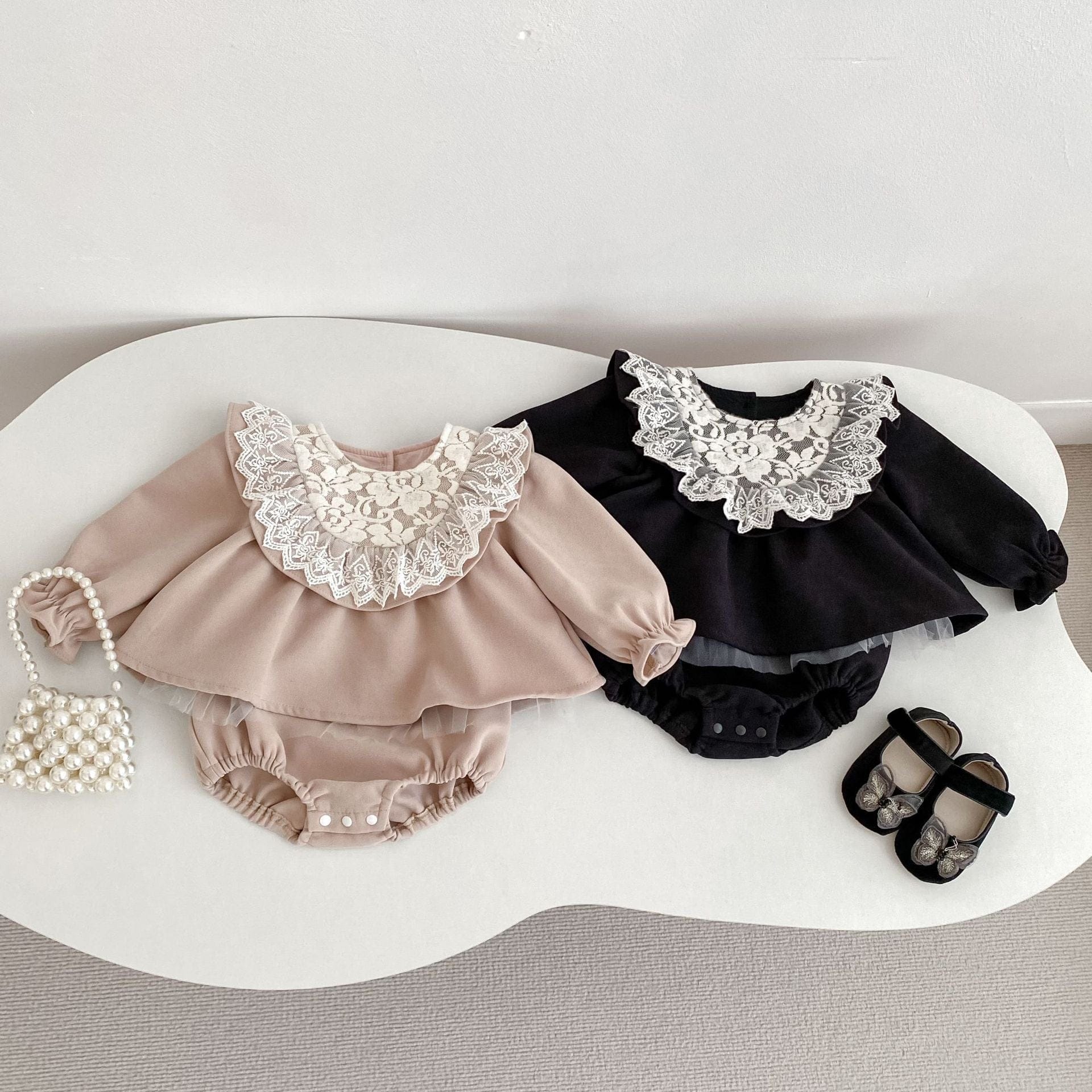 長袖ロンパース ビッグレース襟付き長袖スカートロンパース【mh0010838】