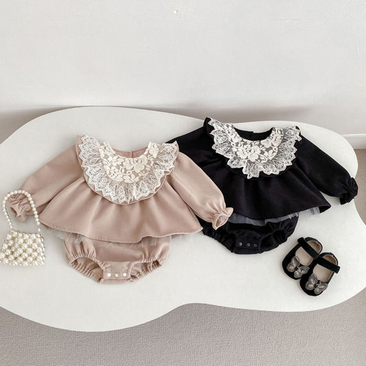 長袖ロンパース ビッグレース襟付き長袖スカートロンパース【mh0010838】