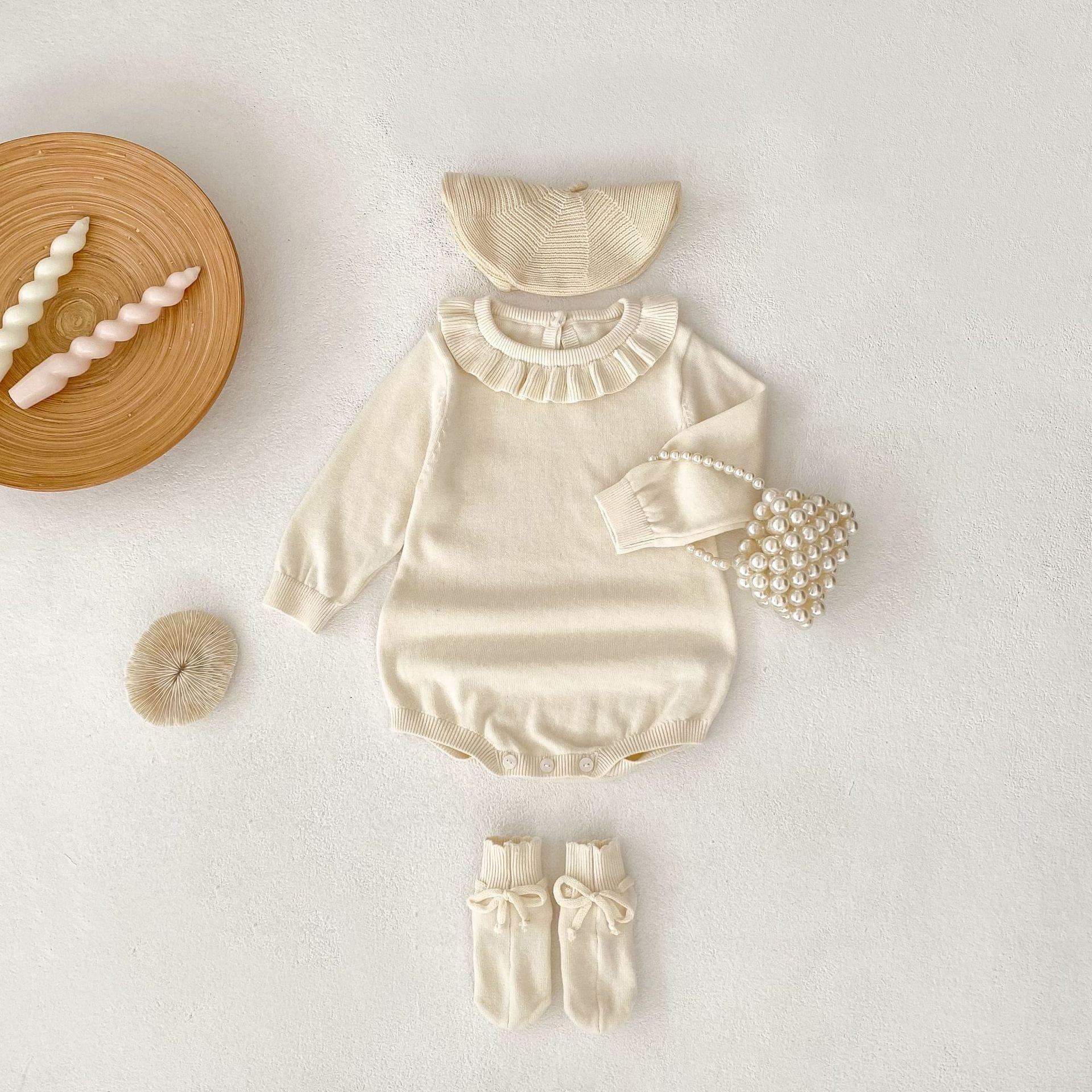 長袖ロンパース フリル襟長袖ニットロンパース/リボンソックス靴下【mh0010844】