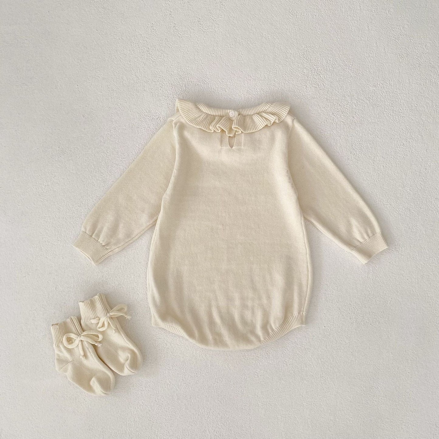 長袖ロンパース フリル襟長袖ニットロンパース/リボンソックス靴下【mh0010844】