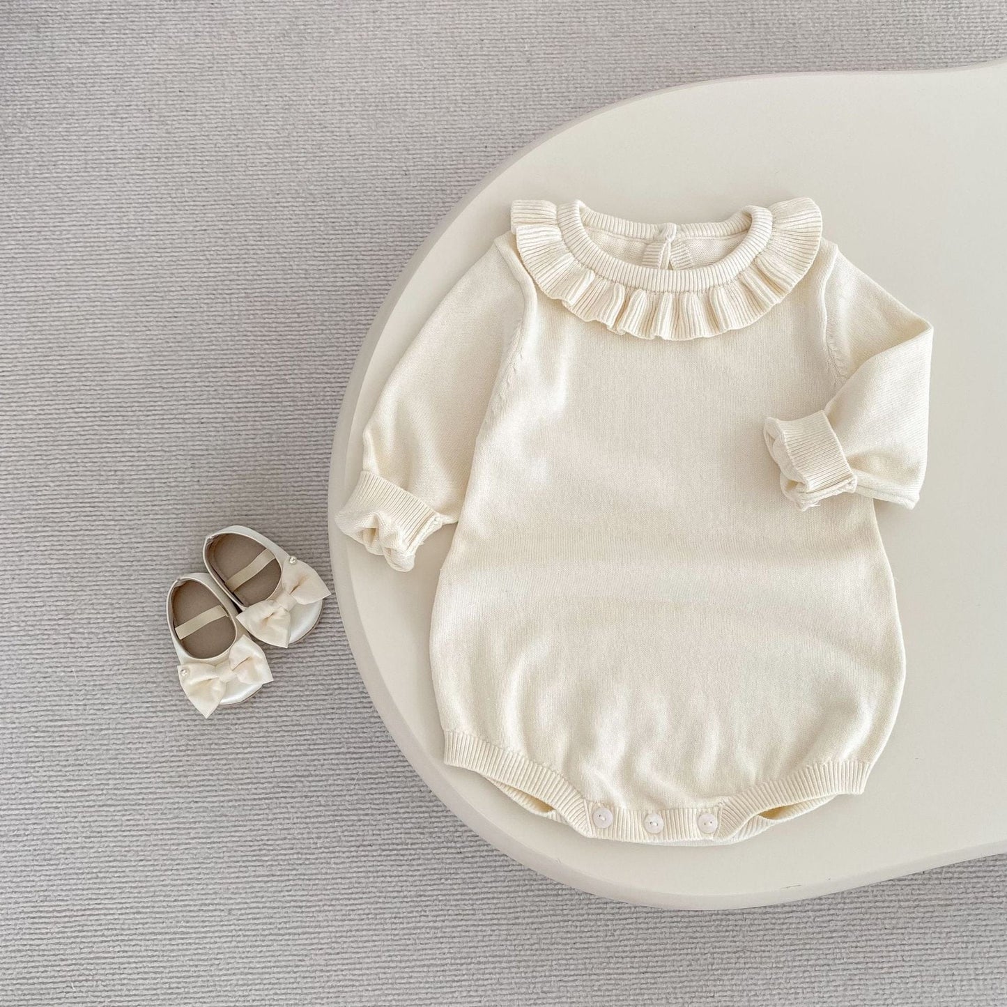 長袖ロンパース フリル襟長袖ニットロンパース/リボンソックス靴下【mh0010844】