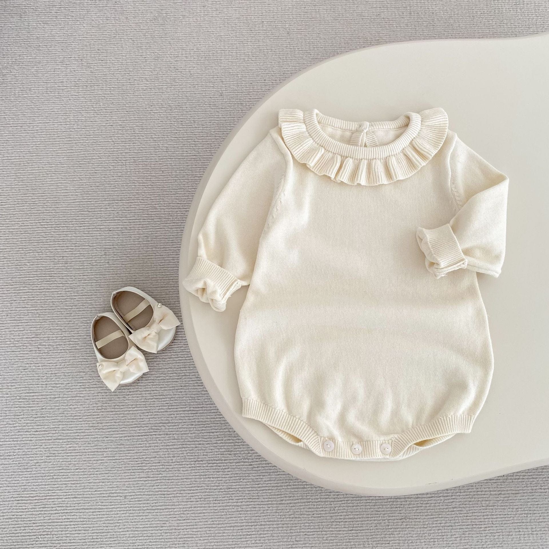 長袖ロンパース フリル襟長袖ニットロンパース/リボンソックス靴下【mh0010844】