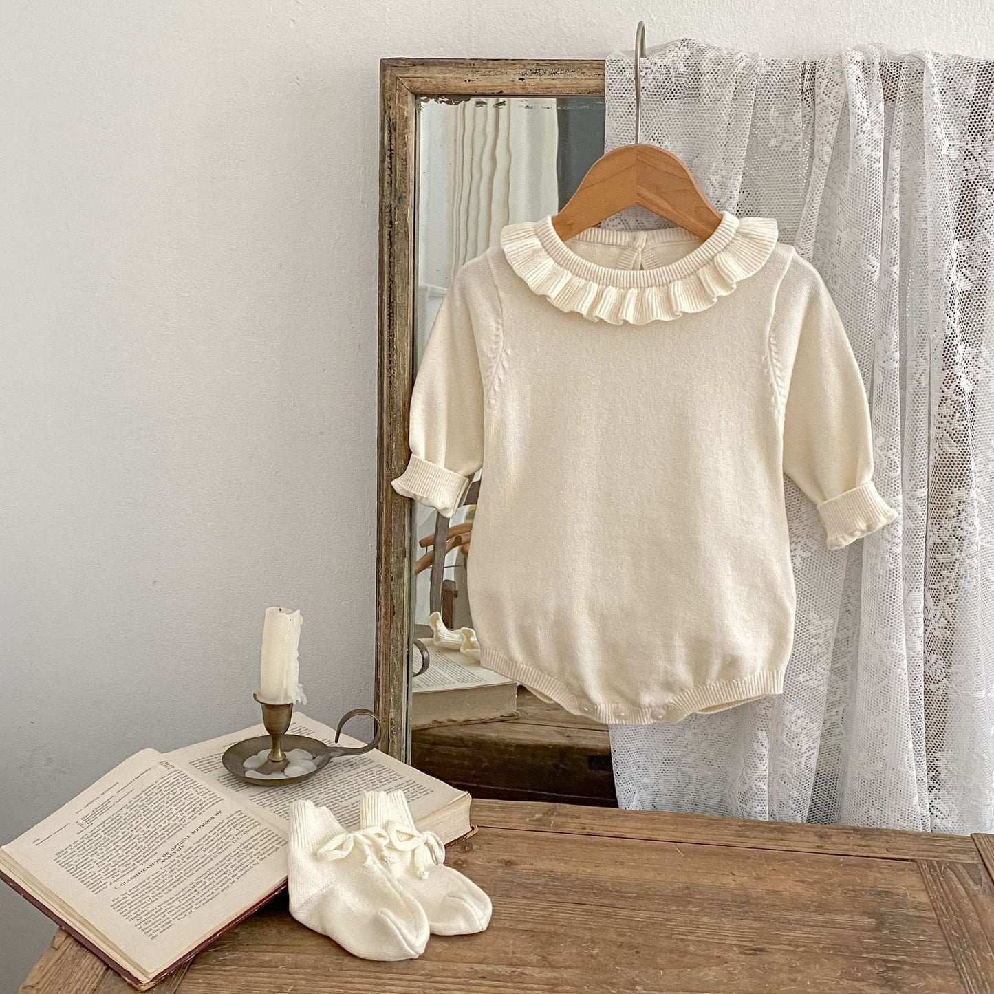 長袖ロンパース フリル襟長袖ニットロンパース/リボンソックス靴下【mh0010844】