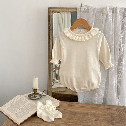 長袖ロンパース フリル襟長袖ニットロンパース/リボンソックス靴下【mh0010844】