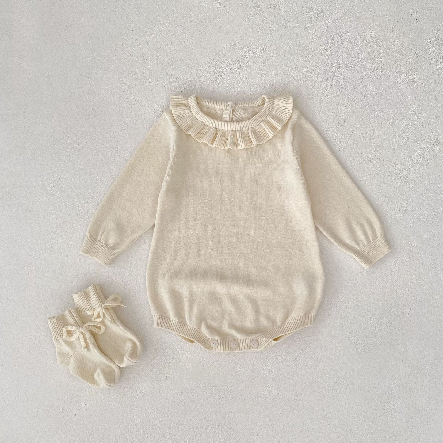 長袖ロンパース フリル襟長袖ニットロンパース/リボンソックス靴下【mh0010844】