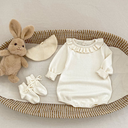 長袖ロンパース フリル襟長袖ニットロンパース/リボンソックス靴下【mh0010844】