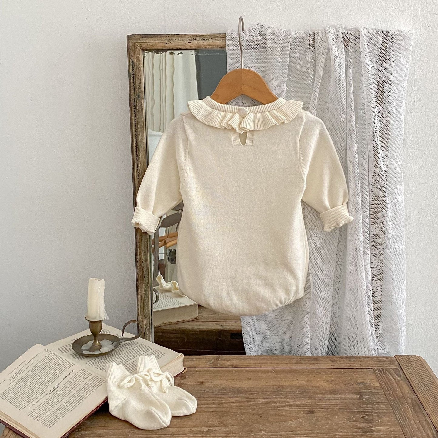 長袖ロンパース フリル襟長袖ニットロンパース/リボンソックス靴下【mh0010844】