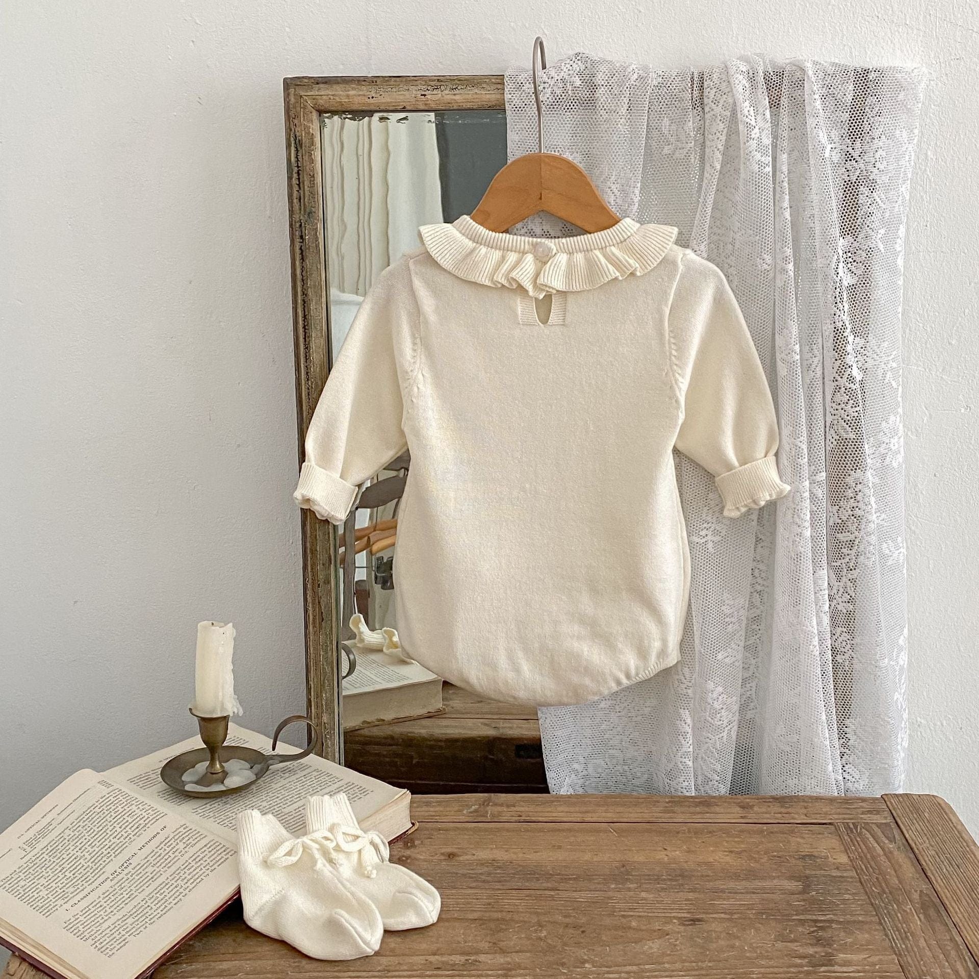 長袖ロンパース フリル襟長袖ニットロンパース/リボンソックス靴下【mh0010844】