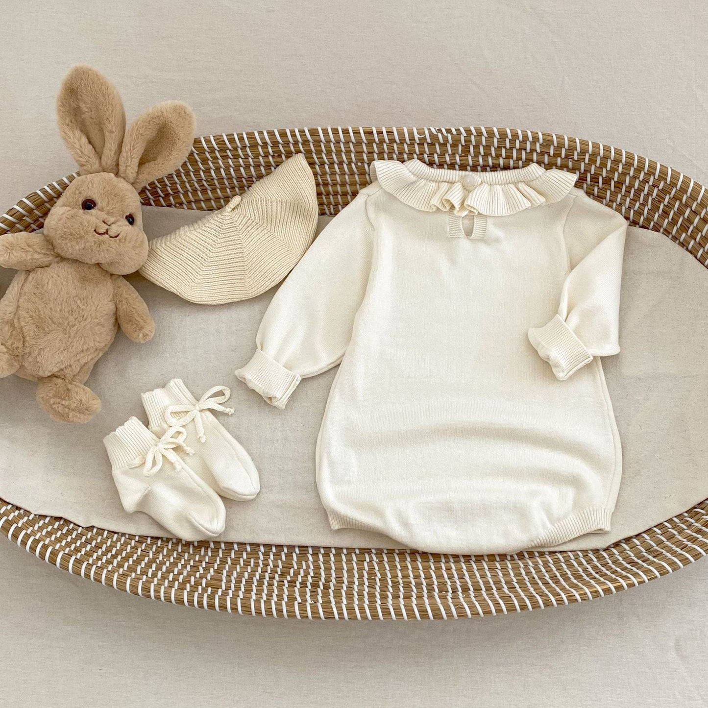 長袖ロンパース フリル襟長袖ニットロンパース/リボンソックス靴下【mh0010844】