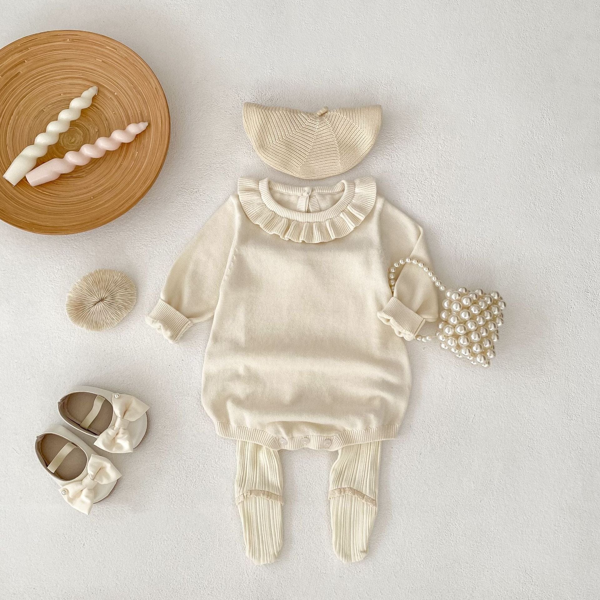 長袖ロンパース フリル襟長袖ニットロンパース/リボンソックス靴下【mh0010844】