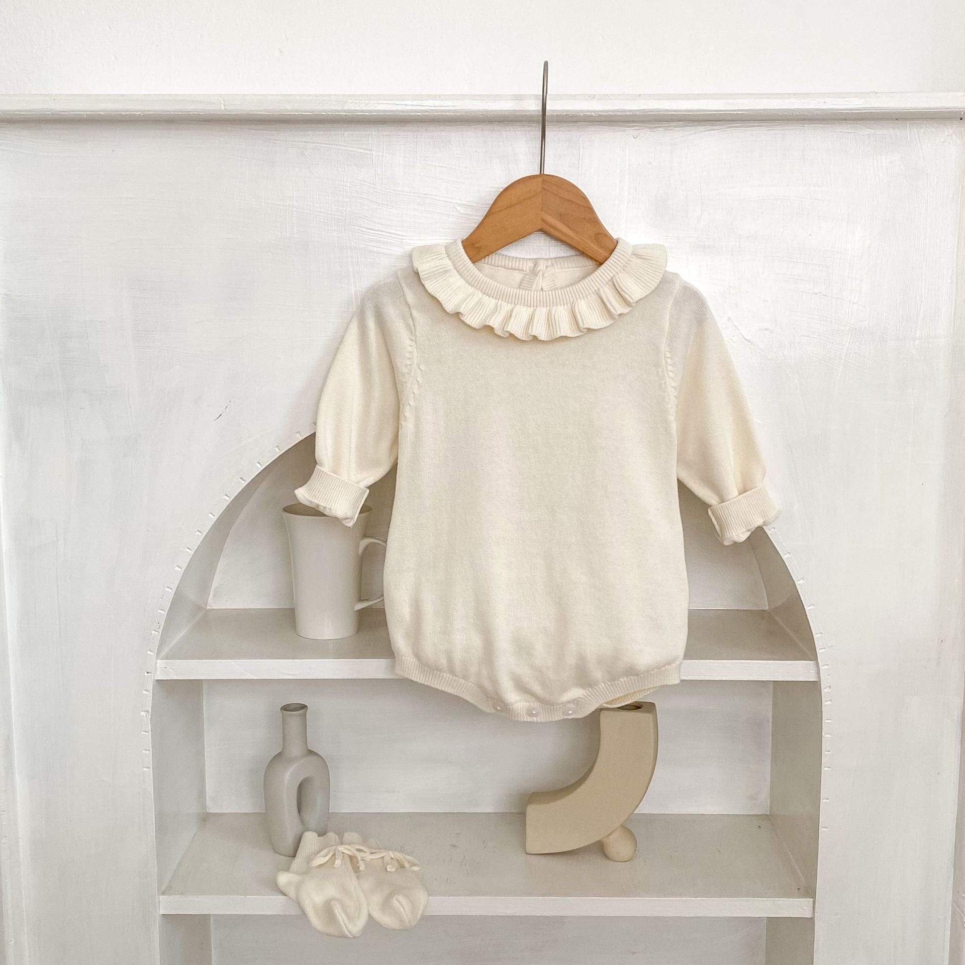 長袖ロンパース フリル襟長袖ニットロンパース/リボンソックス靴下【mh0010844】