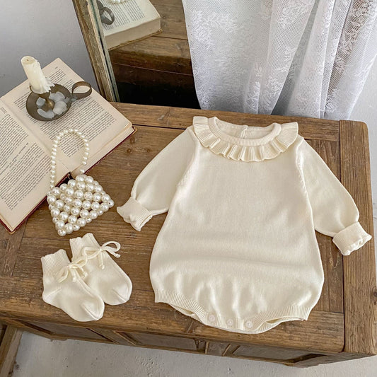 長袖ロンパース フリル襟長袖ニットロンパース/リボンソックス靴下【mh0010844】