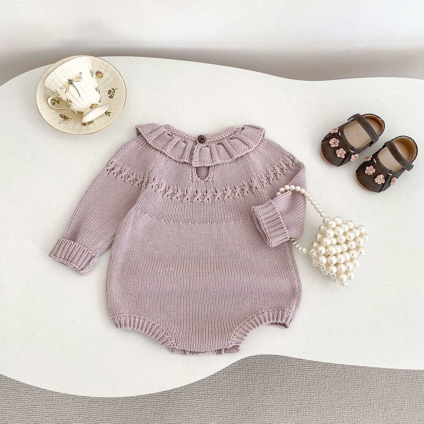 長袖ロンパース ビッグフリル襟花刺繍ニットロンパース【mh0010850】