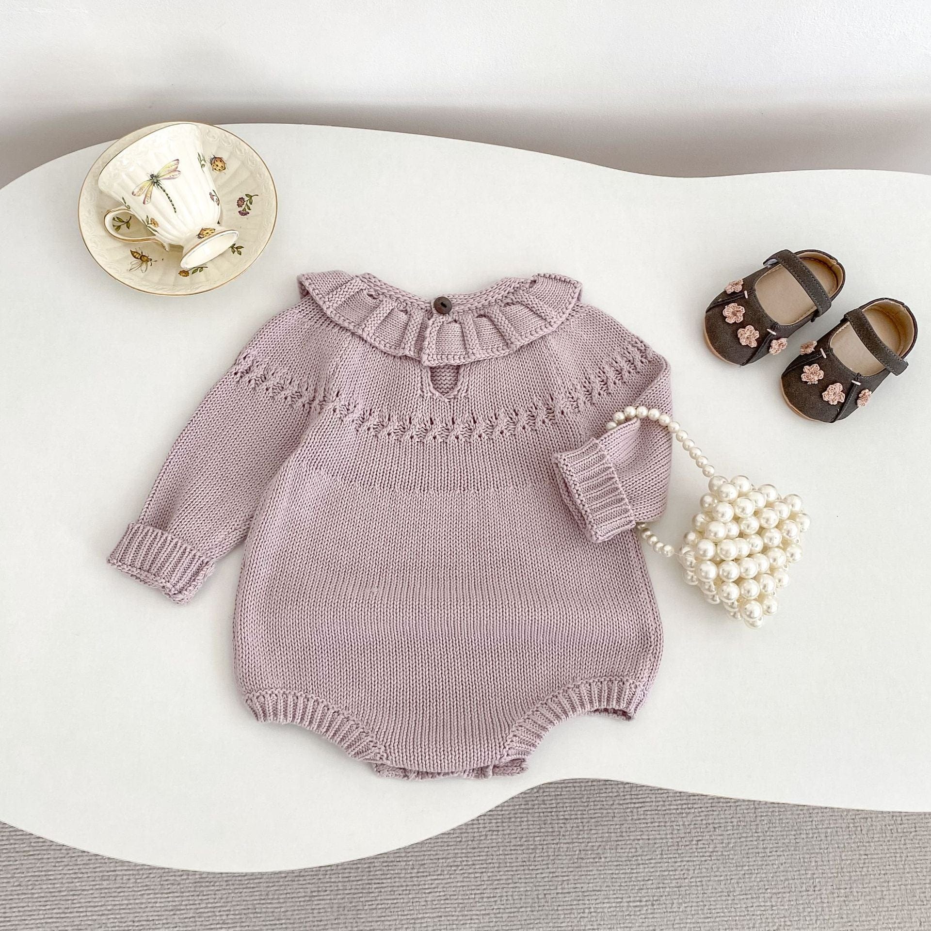 長袖ロンパース ビッグフリル襟花刺繍ニットロンパース【mh0010850】