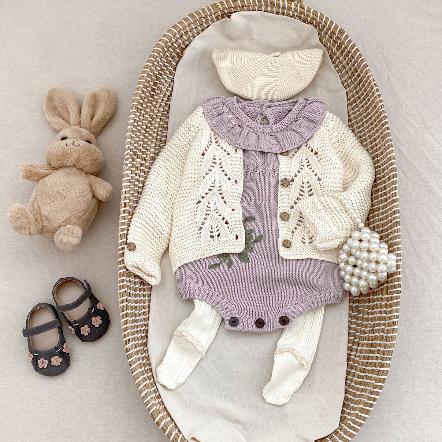 長袖ロンパース ビッグフリル襟花刺繍ニットロンパース【mh0010850】