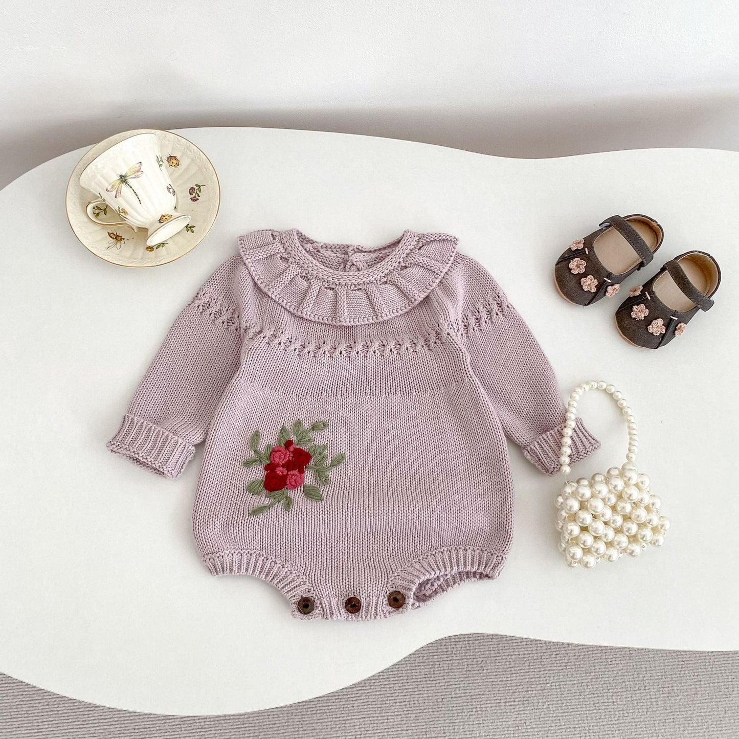 長袖ロンパース ビッグフリル襟花刺繍ニットロンパース【mh0010850】